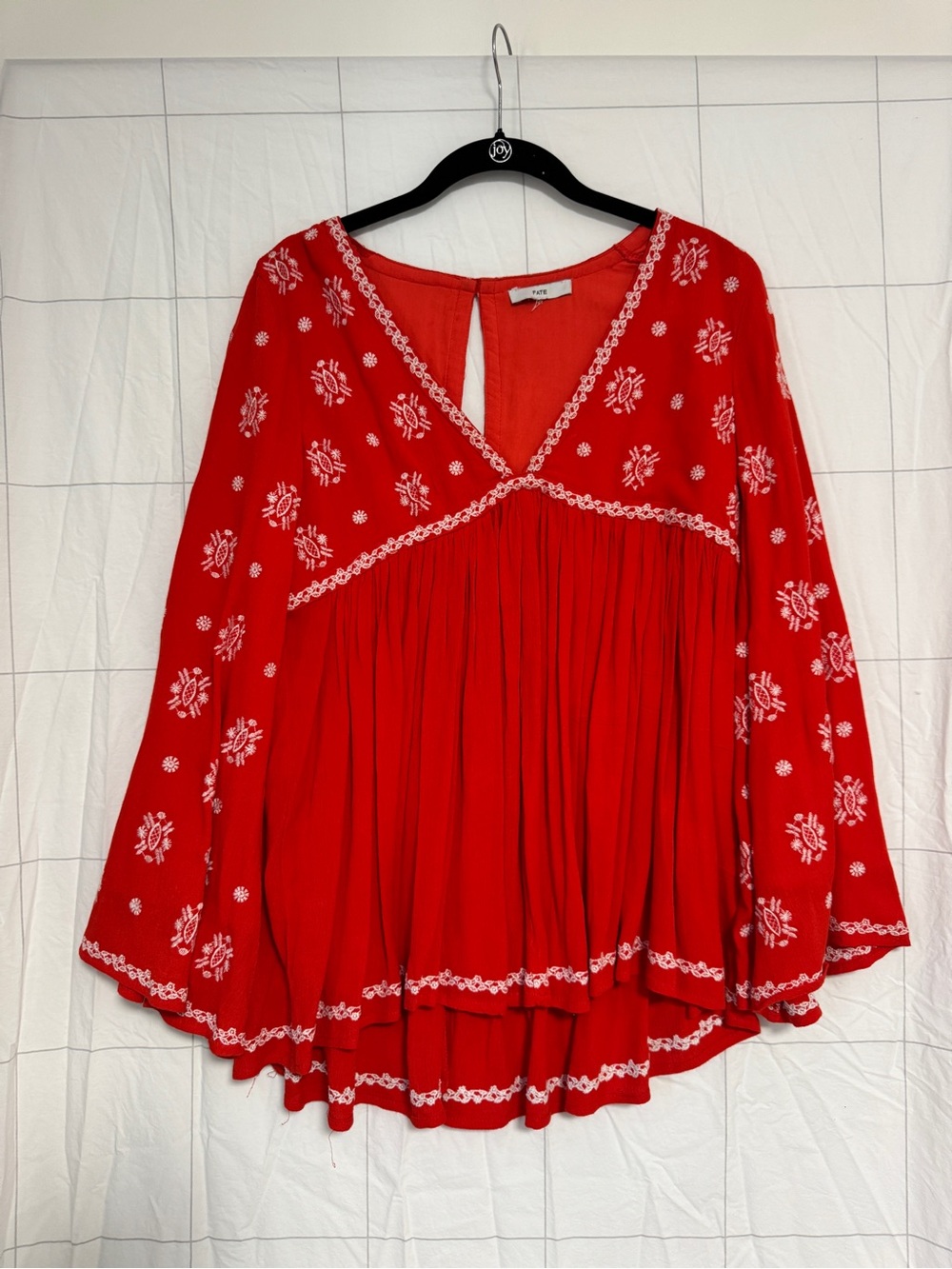 Fate Red Boho Embroidered V-Neck Peasant Blouse